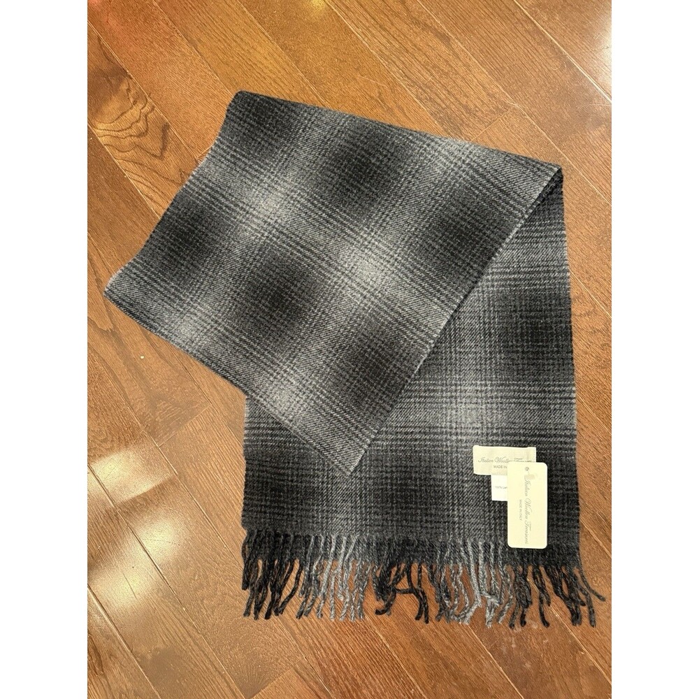 Italian Woolen Treasures 100% Lambswool Scarf Gray Plaid Made in Italy NWT